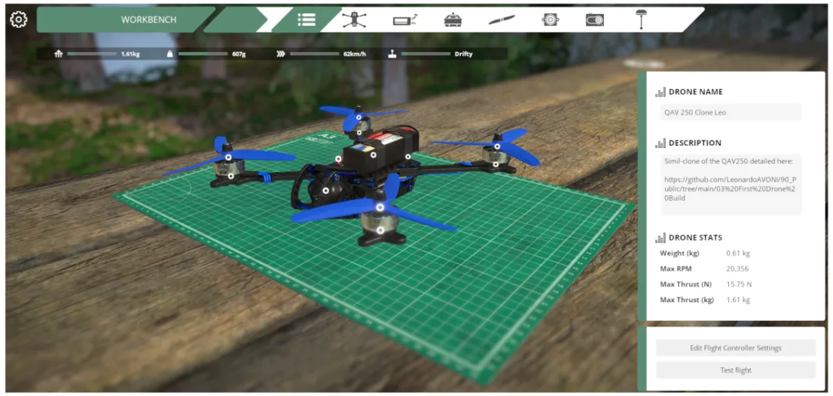QAV250-equivalent drone in Liftoff simulator