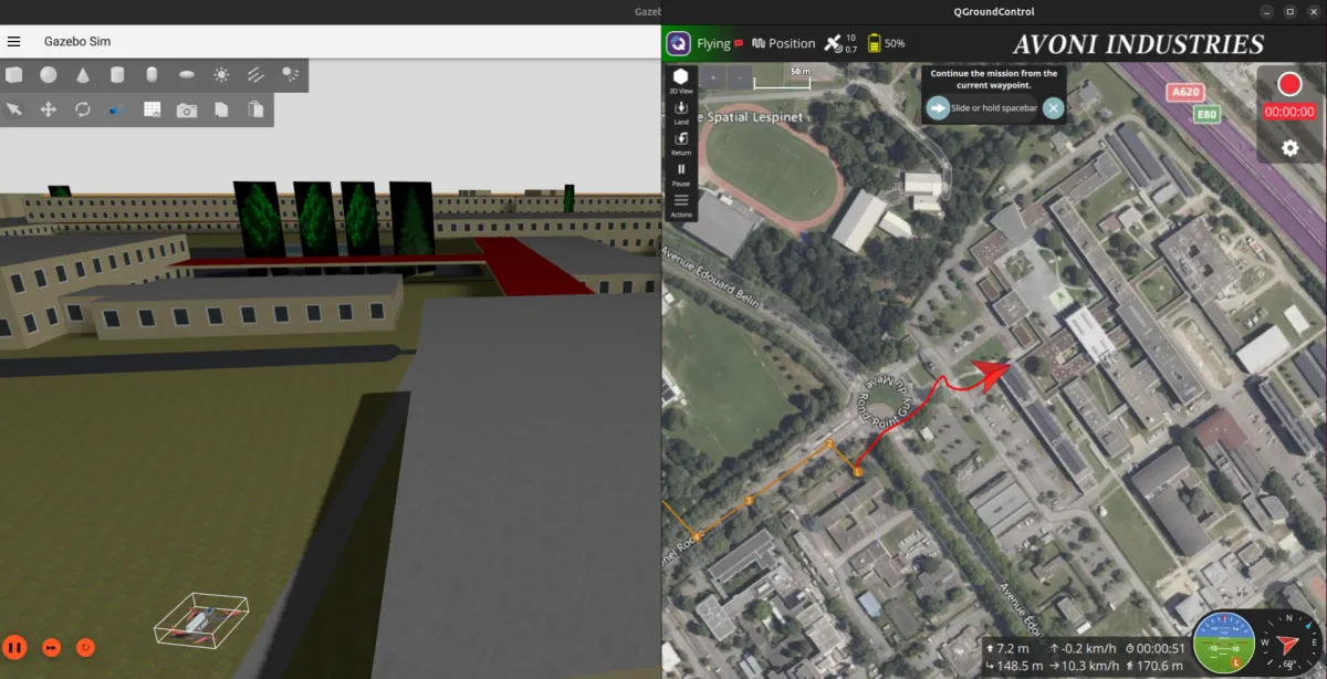 SITL view showing Gazebo and QGC over ISAE-Supaero campus simulation
